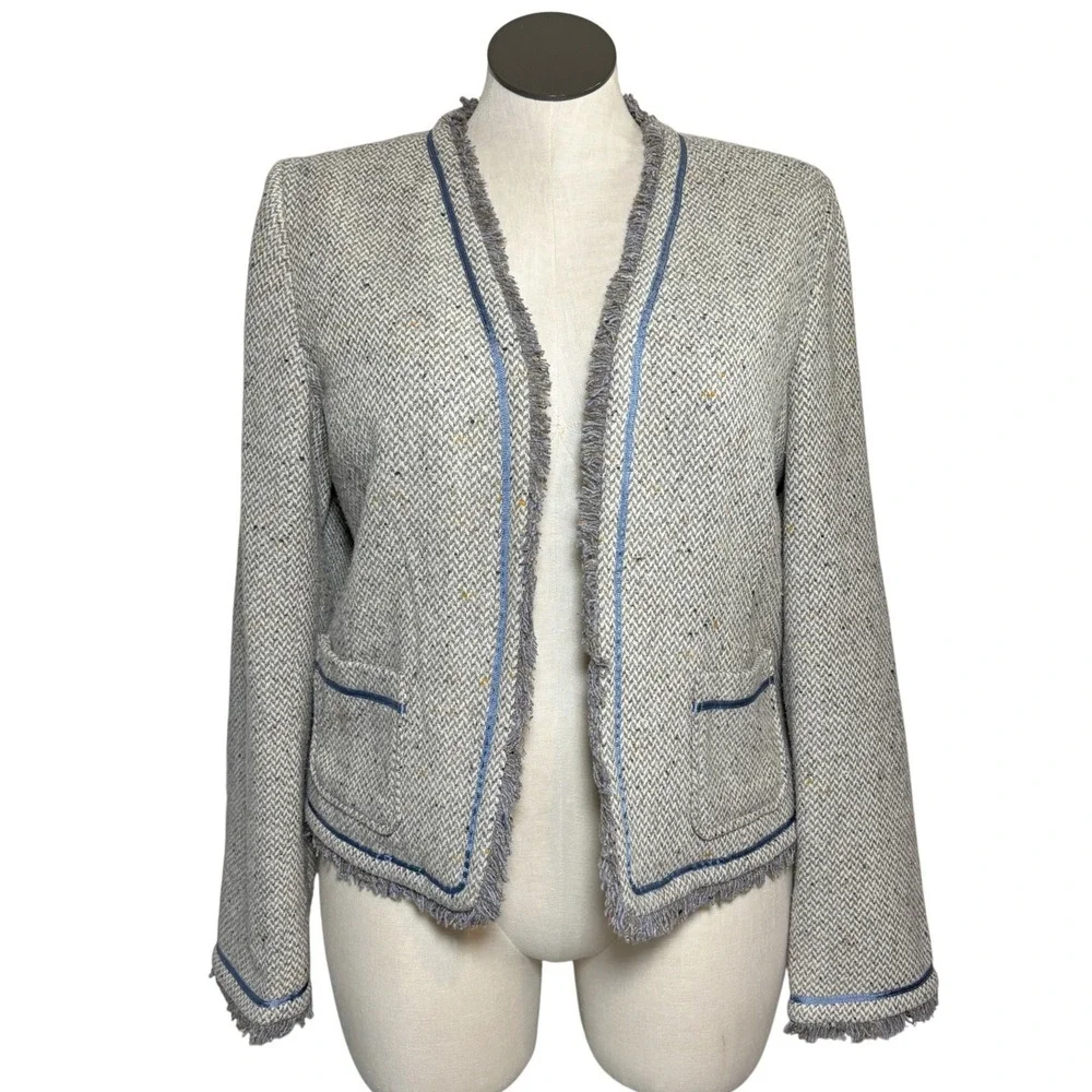 Old Navy Womens XL‎ Gray Blue Wool Blend Tweed Fringe Herringbone Jacket H2-2004